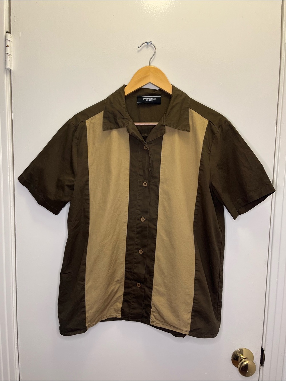 Mens Two-Tone Brown & Khaki Button-Up Short Sleeve Shirt